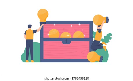 the concept of getting ideas, treasure, creative and innovative. illustration of a team getting a chest filled with light bulbs. flat design. can be used for elements, landing pages, UI, web sites.