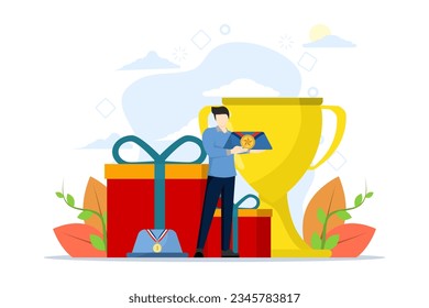 Concept of getting loyalty rewards, bonuses, business rewards. character standing and holding gold medal. Rewards program and receive gifts. Flat vector illustration on a white background.