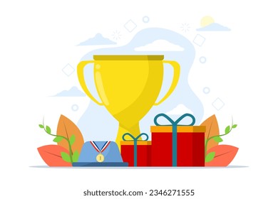 Konzept, Loyalprämien, Boni, Business Belohnungen zu erhalten. Gewinner Trophäe, Goldmedaille und Geschenkbox. Prämien Programm und erhalten Geschenke. Vektorgrafik für UI, mobile App. Vektorgrafik.