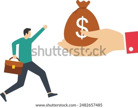 Concept of Getting paid, salary, payment of wages or bonuses, employee gifts or benefits, businessman hand giving banknote to a happy employee. investment profit income, loan, or mortgage concept.