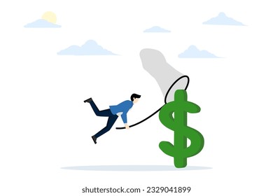 Concept of getting rich by making more money and income, catch cheap stock profit, high profit investment opportunity, lucky entrepreneur investor catch big dollar sign money cleanly.