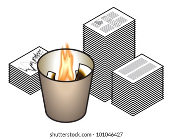 Concept: getting rid of the evidence. Piles of paperwork ready to be fed to the fire in the waste basket.