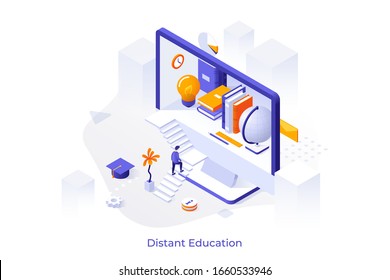 Concept with giant computer display with books inside and man or student ascending stairs. Distant education for everyone, online learning, internet courses. Modern isometric vector illustration.