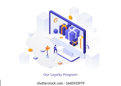 Concept with giant computer display, gift boxes inside and customer ascending stairs. Online store or shop loyalty program with bonuses or rewards. Modern isometric vector illustration.