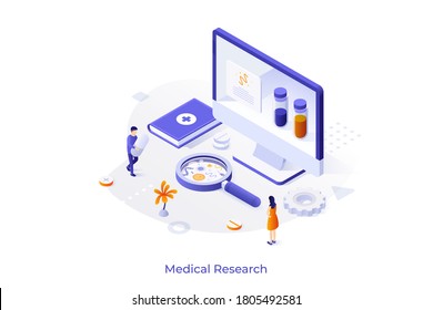 Concept with giant computer display and tiny people with pills. Medicine, medical analysis and research. Isometric design template. Modern vector illustration for online diagnostics service.