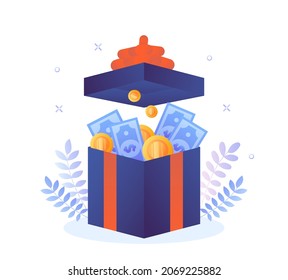 Concept of gift box. Metaphor of prize for one of users. Open box with money, award, achievement. Luck, success, congratulation to winner. Bonuses for follower. Cartoon flat vector illustration