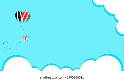 Concept gift shop. Balloon with gift and cloud. Vector flat paper art design. Illustration for content background, posters, art, layout, isolated, marketing, shopping, minimal