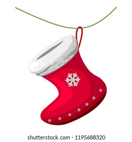 Concept of gifts from Santa. Empty christmas red sock hanging on a rope. Vector illustration in cartoon style on white background.