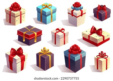 Regalos de concepto. Este diseño de dibujos animados de forma plana presenta un conjunto de regalos coloridos y festivos, como cajas, cintas y globos, sobre un fondo blanco limpio. Ilustración vectorial.