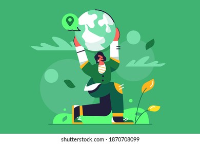 Concept girl holding planet earth in her hands