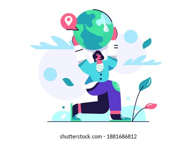 Concept girl holding planet earth in her hands