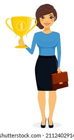 Concept, the girl holds a golden trophy in her hand. Success in business. Business and finance. Character. Flat style on a white background. Cartoon