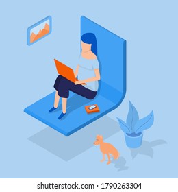Concept of a girl with a laptop. Work at home. Watching serials. Communication on social networks. Online training. Style is isometric. Color - blue and orange. Isolated stock illustration.

