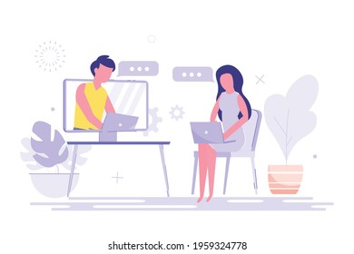Concept girl and man communicate on the internet. The girl looks at the TV and sees the interlocutor. Vector illustration