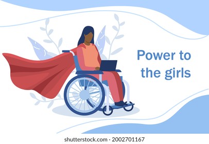 Concept of girl power. A woman in a wheelchair does not lose heart and strives for her goals. Willpower and strong character. Cartoon is a flat vector illustration isolated on a blue background