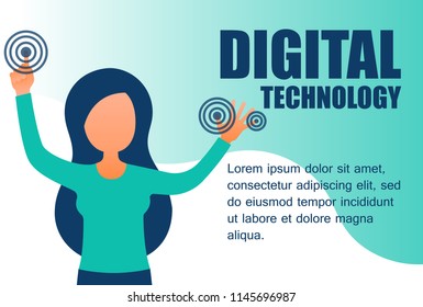Concept girl presses the button in augmented reality. Landing web banner digital technology augmented reality on modern backdrop