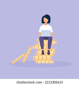 Concept girl sitting with laptop on coins. Money refund. Freelance working process.