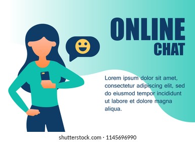 Concept girl with a smartphone in her hands and beside bubble with emoji. Web banner online chat on digital background