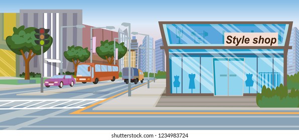 The Concept girlfriends Shopping in the Style Shop. Vector Illustration of Cartoon Store stylish clothes. The Building is a Style Shop located on the corner of two Streets. Glass Showcases