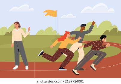 Concept of giving up career race. Female entrepreneur refusing at beginning of path to success and refuses to compete with other business people. Lack of ambition. Cartoon flat vector illustration