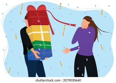 concept of giving gifts, celebrating a birthday, anniversary, special date. A man holds huge gifts and presents them to a woman, against a background of confetti.Flat style