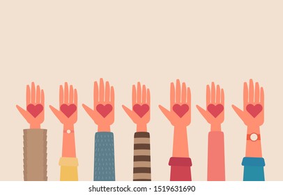 concept of giving love, human hands raised up with heart. cartoon flat vector illustration.