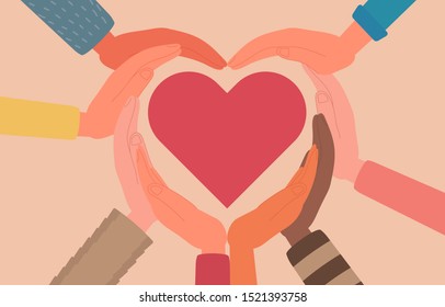 concept of giving love, people hands connect to heart form, friendship, community, charity, protection, hope, cure. cartoon flat vector illustration