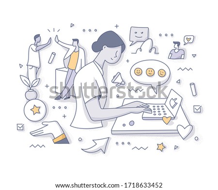Concept of giving positive feedback to successful action. Woman rates her experience as a customer on a laptop. Doodle vector spot illustration