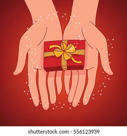 Concept of giving a present. Two hands outstretched offering a gift-wrapped, ribbon tied present on the deep red background with magic sparkles in the air.
