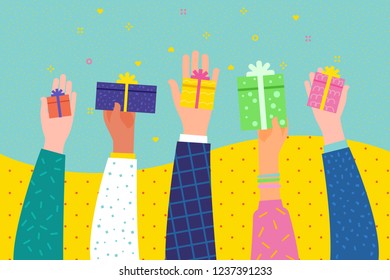 Concept of giving. Several human hands hold gift boxes. Flat design, vector illustration.