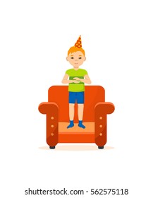 Concept - gladness children. Boy is in good spirits, rejoice over, standing on the couch and clapping his hands, on his head festive hat. Cartoon vector illustration isolated on white background.