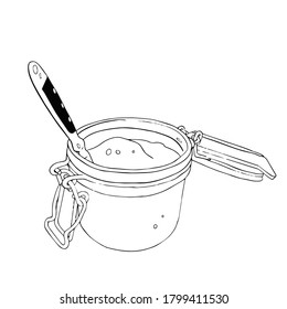 Concept of a glass jam jar with dessert and metal spoon old fashioned vintage illustration engraving style contour sketch for packaging design, menu. Stock vector black and white.
