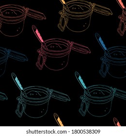 Concept of a glass jam jar with dessert and metal spoon old fashioned vintage illustration seamless pattern engraving style contour sketch for packaging design, menu. Stock vector bright colors