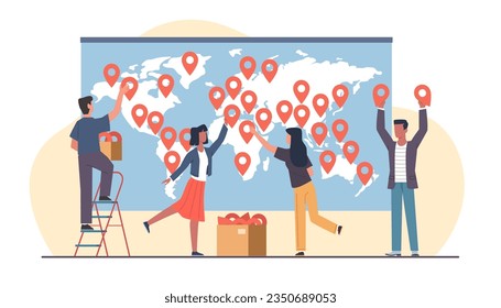 Concepto de desarrollo de negocios globales, la gente etiqueta las sucursales abiertas de la empresa en el mapa. oportunidades mundiales, planificación de estrategias. Expansión y conquista. Ilustración plana de dibujos animados