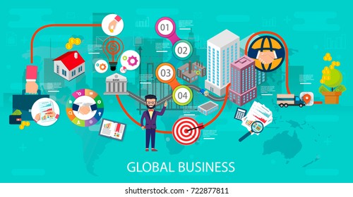 Concept of global business and finance success in the world. Flat style. For graphic and web design