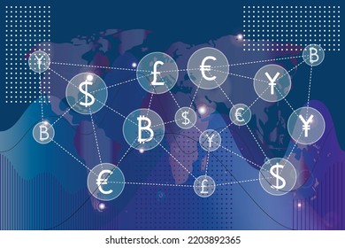 Concept Of The Global Business  Financial System. Communications Of Economies Around The World, Major World Currencies. The Scheme Of The Relationship Of Money On The Background Of The World Map.