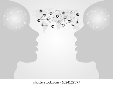 
Concept of global business. Human head outline with People communicate global network connection. World map point and line composition. white background,Vector
