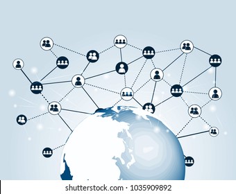 Concept of global business. global with People communicate global network connection. World map and line composition. white-blue background,Vector
