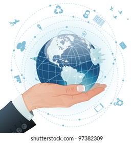 Concept Global Business - Woman Hand with Earth and a lot of Business Icons, vector illustration