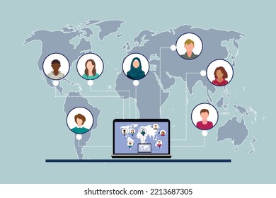 Concept global communication around world, remote work. scheme  relations between workers. background world map. Illustration for multicultural social networks.