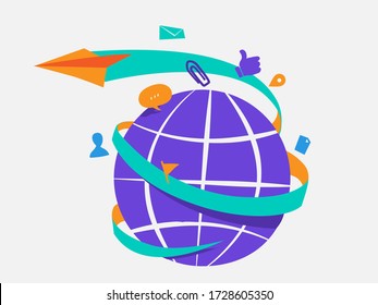 Concept for global communication. Globe with an arrow and social media marketing symbols around it