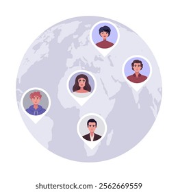 The concept of global communication, the world network. Tags with user avatars on the world map. Vector illustration in a flat style