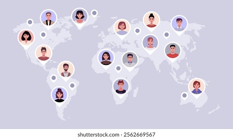 The concept of global communication, the world network. Tags with user avatars on the world map. Vector illustration in a flat style