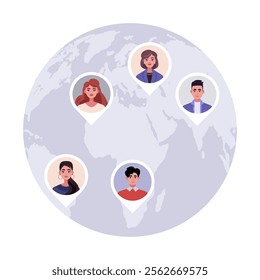 The concept of global communication, the world network. Tags with user avatars on the world map. Vector illustration in a flat style