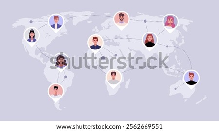 The concept of global communication, the world network. Tags with user avatars on the world map. Vector illustration in a flat style