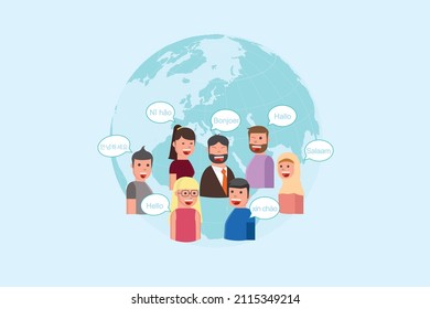 Concept of global communication. Young people who talk in foreign languages. Vector illustration