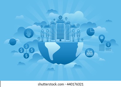 Concept of global company. Blue Global business icons set. Cloud and blue sky style. Corporation and people on the globe . Flat line vector illustration
