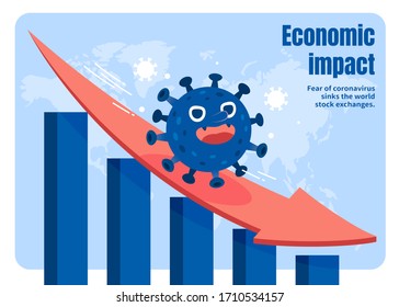 Concept of global economic impact caused by COVID-19, a cartoon style virus pathogen sliding down the declining chart