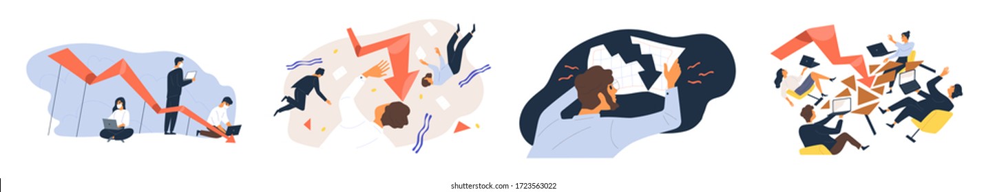 Concept of global financial crisis, business failure, economy crash, bankruptcy. Collection of scenes with businessmen and teams losing profits. Vector illustration in flat cartoon style