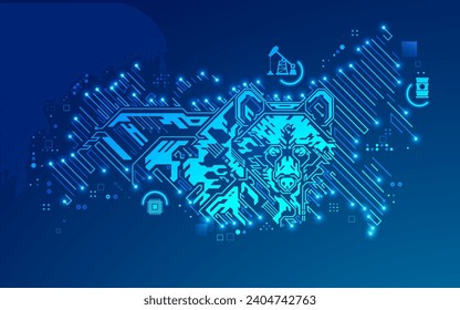 concept of global industry technology and economy, graphic of grizzly bear combined with Russia map with technology element